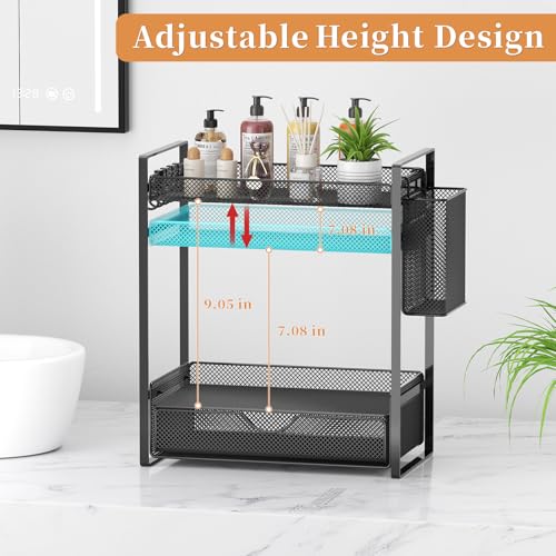 VITVITI 2 Tier Bathroom Organizer Countertop with Drawer, Metal Mesh Bathroom Counter Vanity Organizer Storage, Bath Room Sink Kitchen Spice Rack with Basket Hooks, Black - color: Black
