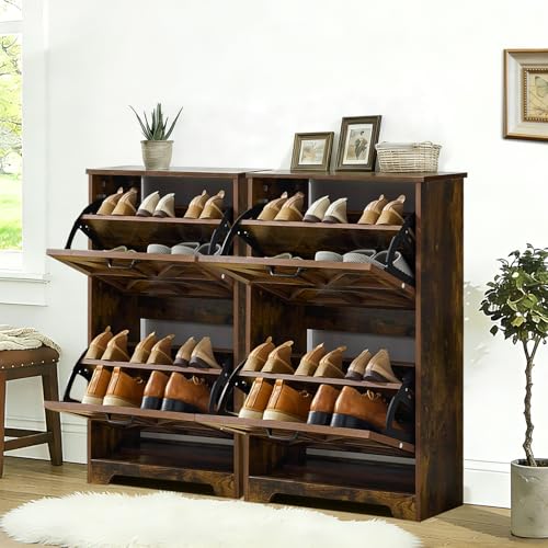 Shoe Storage Cabinet with 2 Flip Drawers, Farmhouse Shoe Organizer with Barn Door Design, Space-Saving Hidden Narrow Shoe Rack Cabinet for Entryway, Hallway & Foyer, Brown - color: Brown, size: 2 pcs-2 Flip Drawers