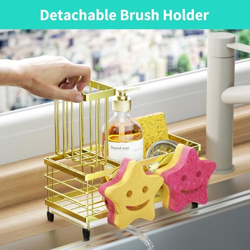 HapiRm Sink Caddy Sponge Holder - Self-draining Kitchen Sink Organizer with Smiley Face and Brush Holder, Stainless Steel Kitchen Sponge Caddy for Countertop - Gold - color: Gold, size: with Smiley Face Sponge Holder