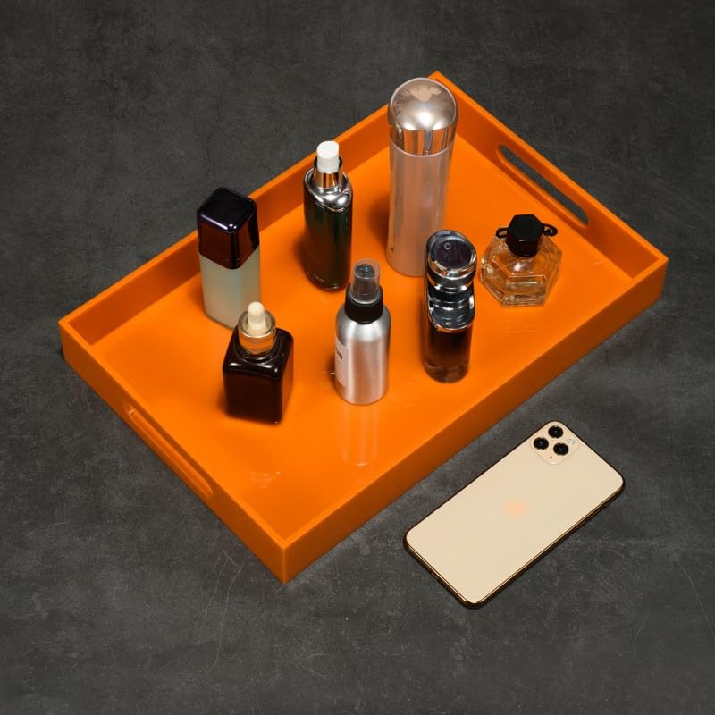 KEVLANG Orange Sturdy Acrylic Serving Tray with Handles-10x15Inch-Serving Coffee,Food,Breakfast,Butler-Kitchen Countertop Tray-Makeup Drawer Organizer-Vanity Table,Ottoman Tray-Decorative Tray - color: Glossy Orange, size: 15" x 10" x 2"
