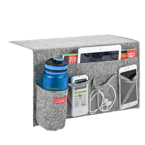 Zafit Linen 5 Pockets Bedside Caddy, Bedside Storage Organizer with Water Bottle Holder for Magazine, Remotes, Phone (Grey) - color: Grey, size: 5 Pockets