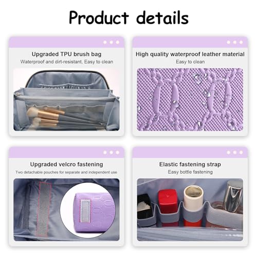BOYATU Travel Makeup Bag for Women: Cosmetic Organizer Bag with Compartments - Leather Make up Bags Set of 3 (G-1-Purple) - color: G-1-Purple