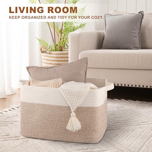 OIASKET Blanket Basket for Living Room, Cotton Rope Basket for Storage, Toy Baskets Bin for kids, Woven Baskets with Handles for Clothes, Towels, Pillows, 20" x 16" x 12", Brown and White (Pack of 2) - color: Brown & White, size: 19.7"x15.8"x11.8" (Pack o