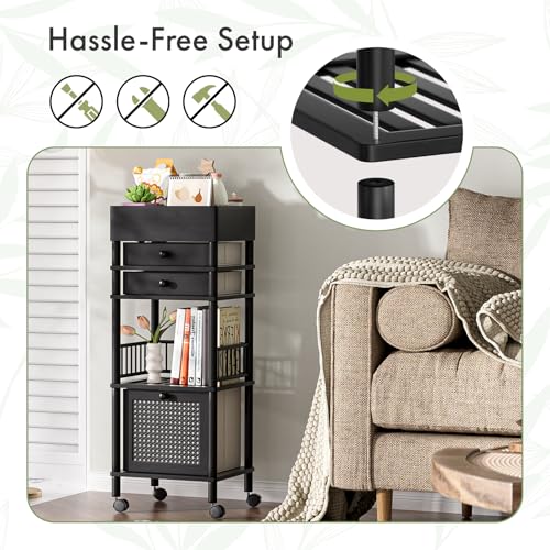 Amazer Bamboo Makeup Organizer Cart with 3 Drawers, Floor Skin Care Storage for Bathroom Bedroom, Rolling Vanity Organizer Cart for Cosmetic, Nail Polish, Perfume and Hair Tools, Black - color: Black