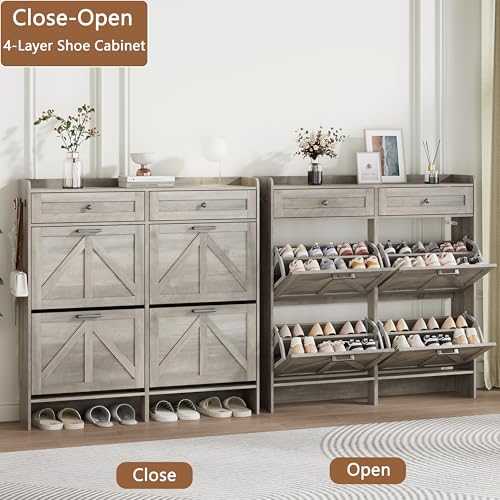 Shoe Cabinet with 4 Flip Drawers & 2 Top Drawers, 43" Tall Freestanding Narrow Wooden Shoe Storage Organizer for Entryway, Hidden Slim Shoe Rack for Front Door Entrance, Hallway, Living Room, Grey - color: Grey, size: 4 Flip Drawers