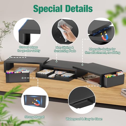 OPNICE Dual Monitor Stand Riser with Drawer and 2 Pen Holders, Desk Organizer for Office Supplies, Computer Monitor Stand for Desk, Workspace Desk Accessories for Home Office, Black - color: Black Upgraded