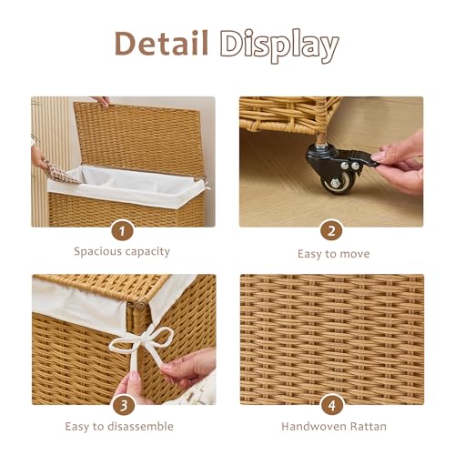 Handwoven Hamper with Lid, Laundry Basket with Wheels, Machine Washable Liner, 3 Section Clothes Hamper for Bathroom Laundry Room Bedroom, Rattan, 165L - color: Rattan/With Lid/165L
