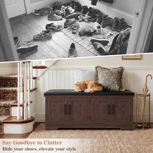 Farmhouse Shoe Storage Bench with Cushion - 43.3" Entryway Bench with Storage & 4 Barn Doors, 2-Tier Wooden Shoe Rack Bench, Shoe Cabinet & Mudroom Bench for Bedroom Hallway Living Room, Black Walnut - color: Black Walnut