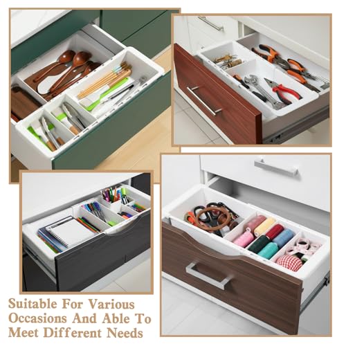 2Pcs Expandable Sliding Drawer Tray with Adjustable Dividers, White Plastic Deep Desk Drawer Dividers Organizers Expandable 11.4 to 18.1 Inches For Utensils Office Bathroom Bedroom Kitchen