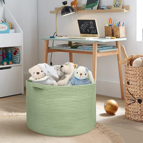 MEGASKET Extra Large Green Basket, 22" X 22" X 14" Woven Cotton Rope Baskets for Blankets, Nursery Laundry Basket, Cute Kids Toy Storage Bin, Green Living Room Bedroom Decor Baskets for Organizing - color: Green, size: 22"x22"x14"