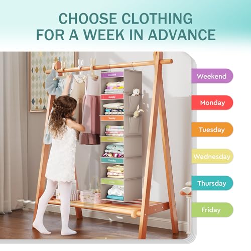 YOUDENOVA 6-Shelf Weekly Hanging Closet Organizer, Weekly Clothes Organizers for Kids with 2 Side Pockets, Light Grey - color: Light Grey