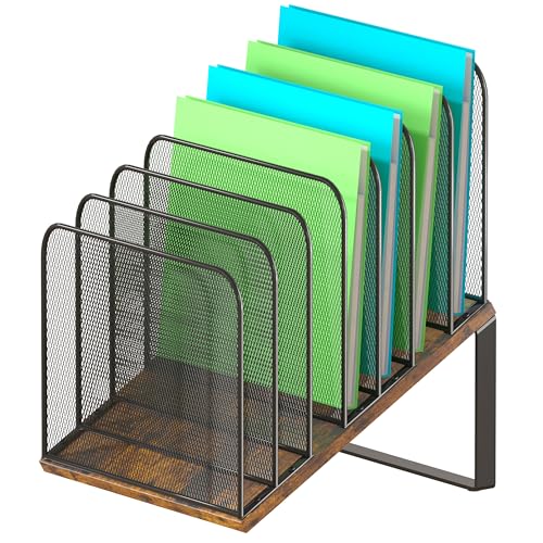 Piskyet Wooden Desk File Organizer, 7-Section Vertical File Folder Holder Stand,Metal Mail Paper Chromebook Organizer for Teacher Desk Office Classroom Desktop Organization（Inclined） - size: 7-Section Inclined