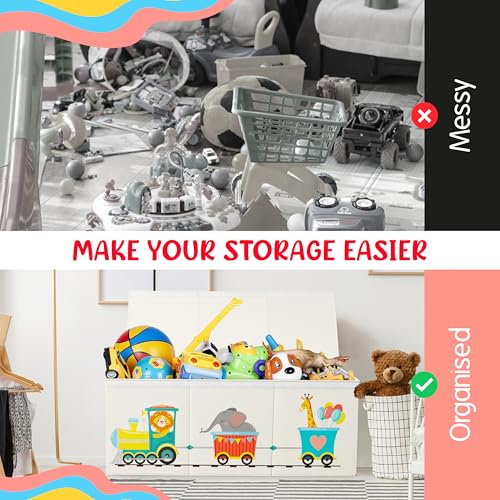 Extra Large Collapsible Sturdy Toy Storage Organizer with Lids, Animal Train Toy Box for Boys Girls, 40"x16"x16", Modern, Beige