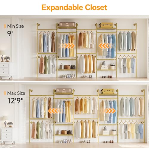 Higeego W5 Adjustable Clothing Rack, Wall Mounted Closet System Expandable Clothes Rack Adjustable Shelves, Heavy Duty Pipe Wardrobe for Walk-in/Reach-in Closet, 9-12 ft Wide 1300LBS Load, Gold - color: Gold
