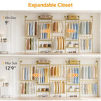 Higeego W5 Adjustable Clothing Rack, Wall Mounted Closet System Expandable Clothes Rack Adjustable Shelves, Heavy Duty Pipe Wardrobe for Walk-in/Reach-in Closet, 9-12 ft Wide 1300LBS Load, Gold - color: Gold