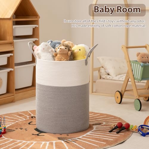 OIAHOMY Large Laundry Basket Hamper - 80L Cotton Rope Woven Basket for Blankets, Toys, Clothes - Tall Decorative Nursery Hamper with Long Handles, Grey/White - color: Grey/White, size: 80L