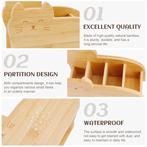 RETON Bamboo Remote Control Holder with 4 Compartments, Cute Cloud - Shaped Pen Organizer, TV Remote Holder Storage Caddy Box Suitable for Media Controller Makeup Brush Office desk Supplies (Cat)