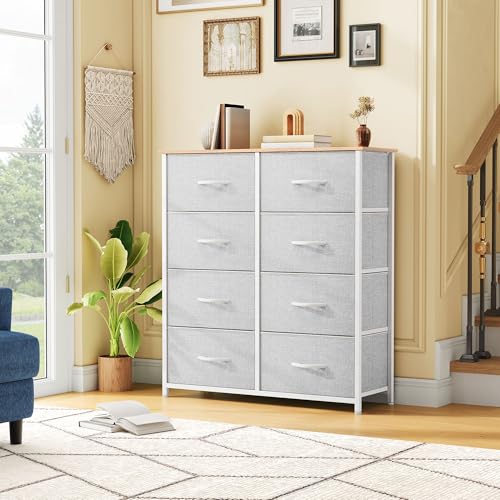 DWVO Fabric Dresser for Room, Tall Storage 8 Drawers, Black Dresser & Chest of Drawers, Storage Drawer Organizer for Closet, Living Room - color: Light Grey-white Handle, style: 8-Drawer