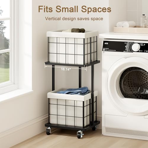80L Vertical Rolling Laundry Hamper with Removable Bags, 2 Section Laundry Basket with Wheels, Slim Tall 2 Tier Laundry Sorter for Small Spaces, Dorm, Bathroom, Laundry Room, Closet, White - color: White, size: 2 Tier