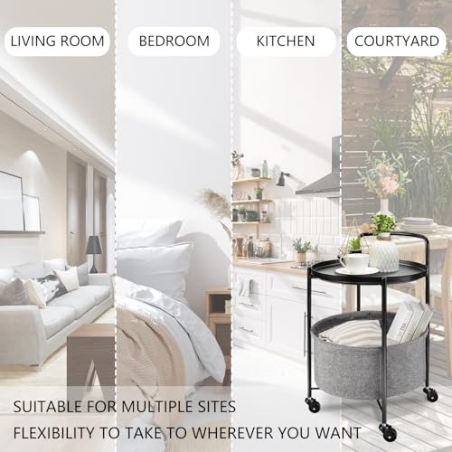 Round Metal Side Table with 2 Tiers of Storage and Wheels, Cart Side Table Tray for Living Room, Bedroom, Black - color: Black