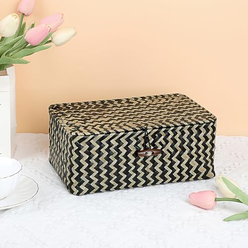 Hipiwe Seagrass Storage Baskets with Lid Woven Wicker Storage Bins for Organizing Natural Rectangular Home Organizer for Bedside Living Room Entryway Table,10.2" x 6.3" x 3.9" - color: Black, size: Small
