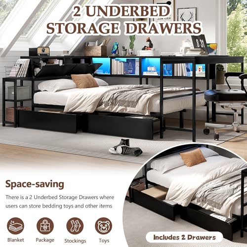 HRVEOCEI Corner Bed Frame Twin with Storage Bookshelf & Desk, U-Shaped Daybed Frame with 2 Drawers, Metal Corner Beds with Charging Station & LED Lights for Bedroom, Flip Left or Right (Black, Twin) - color: Black, size: Twin