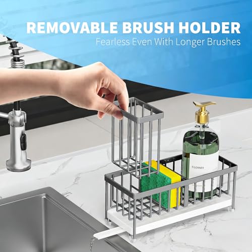 Cisily Sponge Holder for Kitchen Sink, Sink Caddy Organizer with High Brush Holder, Kitchen Countertop Organizers and Storage Essentials, Rustproof 304 Stainless Steel (Gray, 9.25″) - color: Gray