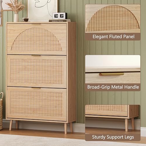 BORNOON Shoe Cabinet for Entryway with 3 Flip Drawers, Slim Wooden Shoe Storage Organizer with Modern Fluted Pannel，Freestanding Narrow Hidden Shoe Rack for Hallway, Foyer, Living Room - color: Oak, size: 3 Flip Drawers