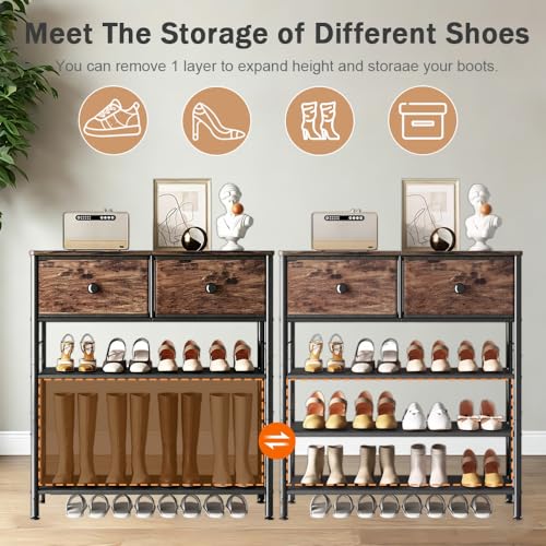 INGIORDAR Shoe Rack Organizer 5 Tier Metal Organizer Shelf with Industrial MDF Board and Layer Fabric for Entryway Closet Bedroom Living Room Garage (Black+Rustic Brown, 4 Tier with 2 Drawers) - color: Black+rustic Brown, size: 4 Tier with 2 Drawers