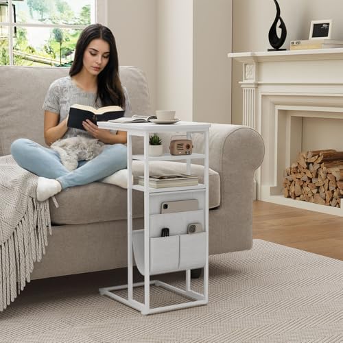 C Shaped End Table 28"(H) 3-Tier C Table with Storage Bag, Under Couch Table C-Shaped End Table with Storage Shelves and Bag for Living Room, Bedroom, or Office - color: White, size: Wood