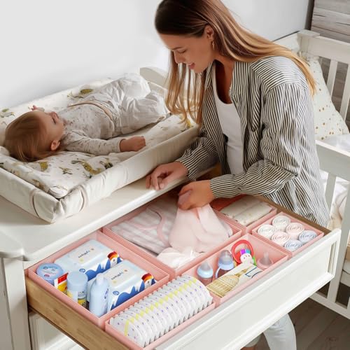 DIMJ Drawer Organizer Clothes - 20 Pack Closet Drawer Organizer Bins for Baby Clothes Storage, Fabric Dresser Organizer for Nursery Bedroom, Foldable Small Drawer Dividers for Underwear Socks - color: Pink, size: 20 Pack