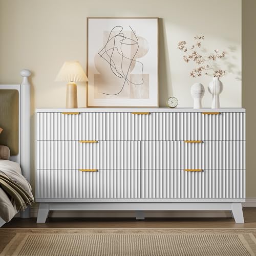 BORNOON Fluted 7 Drawer Dresser, 47.2" Wide Modern Boho Chest of Drawers, Wooden Storage Dresser TV Stand for Bedroom, Living Room, Closet, Hallway, Curved Profile Design - color: Pure White, size: 7-Drawer