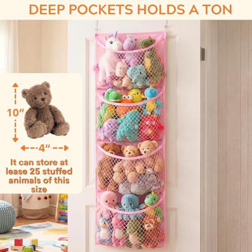 Over The Door Stuffed Animal Storage, Cotton Toy Organizer for Storage Plush Toys,Baby Supplies, Stuffed Animal Holder with 4 Large Pockets, Hanging Door Organizer for Nursery, Bedroom (Pink) - color: Pink, size: Normal