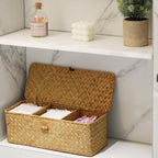 DECRAFTS Seagrass Storage Basket with Lid Rectangular Small Woven Shelf Baskets with Sections for Organize Snack Toys Tampon - color: Natural 3 Sections