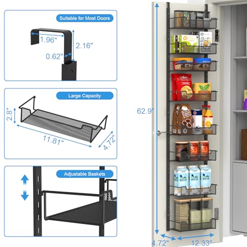 VyGrow 12.3" W Narrow Over the Door Pantry Organizer, 8-Tier Over the Door Organizer with Adjustable Basket, Pantry Door Organization for Pantry Kitchen Storage Room Spice Rack, Black - color: Black, size: 12.3"W 8-Tier
