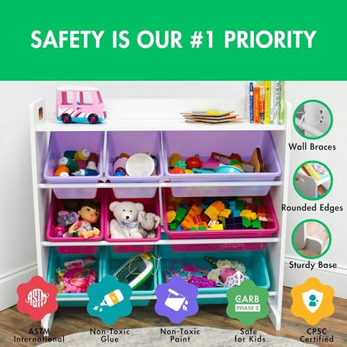 Humble Crew Toy Storage Organizer with 9 Removable Storage Bins for Kids Playroom, 3-Tier with Top Shelf Toddler Toy Organization, White/Pink/Purple/Aqua - color: White/Pink/Purple/Aqua