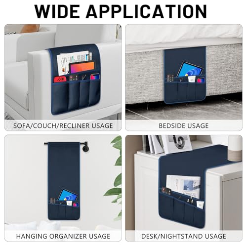 TV Remote Control Holder Couch Caddy, Non-slip Bedside Caddy Organizer with 5 Pockets for Key Glasses Phone Magazine Holders - color: Blue-A, size: 35"x12.4"