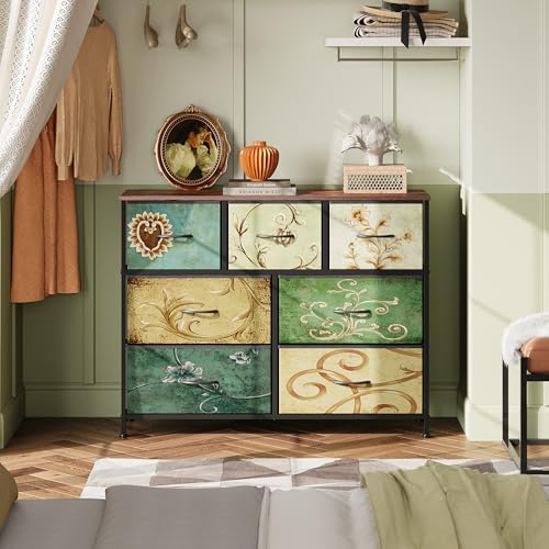 WLIVE 7 Drawer Dresser TV Stand, Entertainment Center, Media Console Table with Metal Frame and Wood Top for TV up to 45 inch, Chest of Drawers for Bedroom, Living Room, Floral Painted - color: Floral Painted