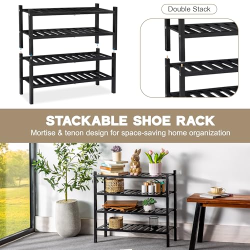 VICTORY RELAX 2-Tier Acacia Wood Shoe Rack - Stackable Entryway Organizer for Closet, Entryway, Easy Assembly, Indoor/Outdoor Storage Stand (Black) - color: Black