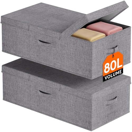 Lifewit 80L Under Bed Storage Containers, 9.8 Inch Tall Underbed Clothes Storage Organizer Bin with Sturdy Sidewalls, Bottom, 3 Lids, Deep Storage Drawer for Clothes, Shoes, Blankets, Pillows 2 Pack - size: 80L