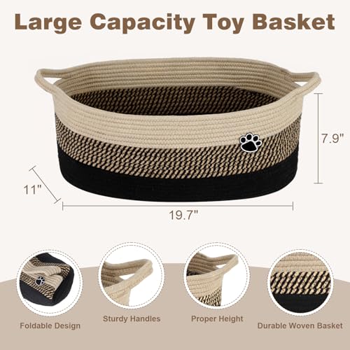 Optish Dog Toy Basket, Toy Box and Bin for Dog Cat Storage, 19.7" X 11" X 7.9" (30L) Large Woven Rope Basket for Blanket Storage, Living Room, Bedroom, Black & Brown - color: Black-Brown, size: 19.7"L x 11"W x 7.9"H (30L)
