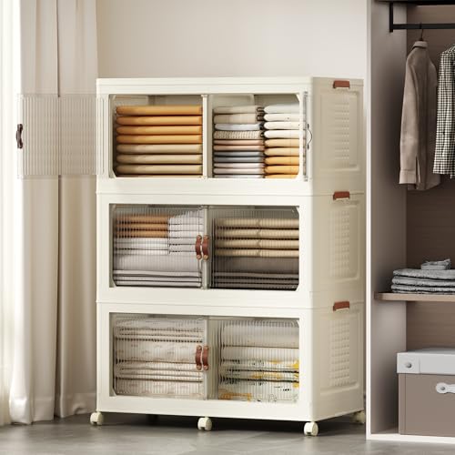SAILUN 145Gal/579Qt Stackable Storage Bins Folding Collapsible Storage Bins with Lid, Closet Organizers and Storage Box with Door Cream 33.5" W x 19" D x 53" H - color: Cream, size: 1 Lid 3 Pack-33.5" W x 19" D x 53" H