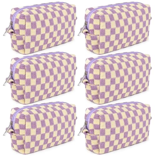 SOIDRAM Checkered Makeup Bag Preppy Cosmetic Bag Bulk Purple Makeup Pouch Personalize Travel Toiletry Bag Organizer Cute DIY Makeup Brushes Storage Bag for Women - color: Purple, size: 6 Pack