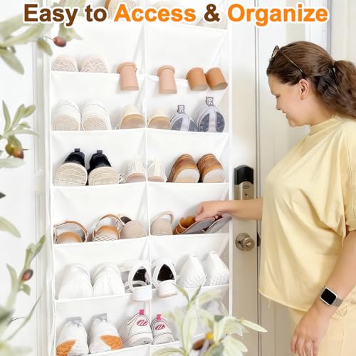 UVIAHOMI 20-30 Pairs Over the Door Shoe Organizer, Clear Pockets Hanging Shoe Storage for Closet, 10-Tier Door Shoes Rack, Handing Shoes Holder Fit All the Family's Sneakers, Boots, Heels, White - color: White