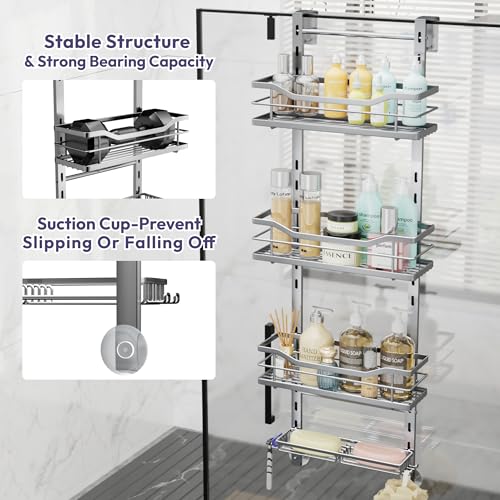 SWTYMIKI Over the Door Shower Caddy - 4 Tier Adjustable Shower Organizer Hanging with Soap Holder, No Drilling Stainless Steel Bathroom Rack Hanging for Body Wash, Shampoo, Soap, Razor, Silver - color: Silver-4 Tier