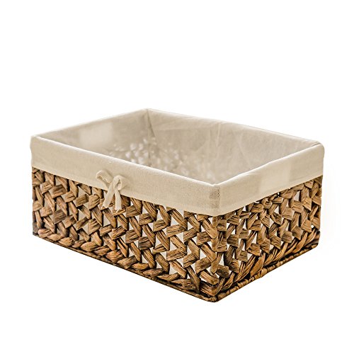Water Hyacinth Storage Baskets Set of 3 with Metal Frame & Removable Liner, Large Medium Small Rectangular Woven Organizer Bins for Closet, Bedroom, Bathroom, Kitchen, Home Organization - size: Set of 3