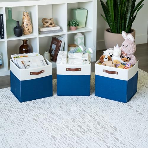 OrganiHaus 12" x 12" x 12" Fabric Cube Storage Bins - Set of 4, Cube Fabric Organizer Bins with Vegan Handles, Kallax Storage Cubes, 12 Inch Cubic Baskets for Shelves - Navy Blue - color: Navy Blue Base / Off-White, size: (12x12) Leather Handles