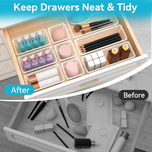 ElegantArray 12 PCS Drawer Organizer Set, 4 Sizes Tool Storage Trays, Clear Plastic Makeup Vanity Organizer and Storage Bins for Makeup, Stationeries, Multiple Gadgets for Bathroom, Office, Bedroom - color: Milky, size: 12 PCS