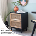 COZAYH 2 Drawer Bedroom Nightstand, Boho Farmhouse Bedside Table - Accent Table Stand with Drawer Organizer Storage and Weave Pattern Front, Black - color: Black, style: 2 Drawer/1 pack