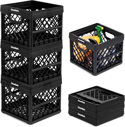 CleverMade Collapsible Milk Crate 25L (6.6 Gal) 3 Pack, 50 lb Capacity Heavy Duty Folding Crate – Stackable Storage Crates with File Rails, Plastic Collapsible Crates - Obsidian - color: Obsidian, size: 3 Pack